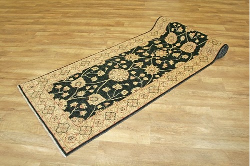 100% Wool Black Afghan Veg Dye Rug AVE049073 370 x 89 Handknotted in Afghanistan with a 6mm pile