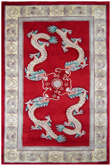100% Wool Red Premier Superwashed Chinese Rug Design Handknotted in China with a 25mm pile