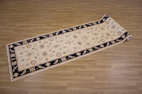 100% Wool Cream Afghan Veg Dye Rug AVE048029 3.59 x .79 Handknotted in Afghanistan with a 6mm pile