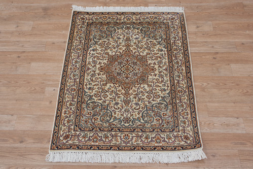 100% Silk Cream Kashmiri Silk Rug KSK006075 95x64 Handknotted in India with a 5mm pile