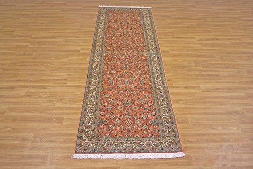 100% Silk Rose Kashmiri Silk Rug KSK045095 2.71 x .77 Handknotted in Kashmir with a 5mm pile