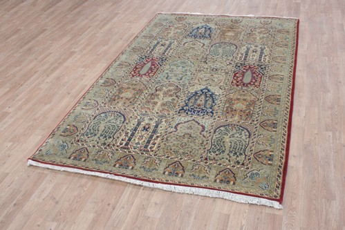 100% Wool Red Very Fine Indo Persian Panel Rug Design Handknotted in India with a 12mm pile