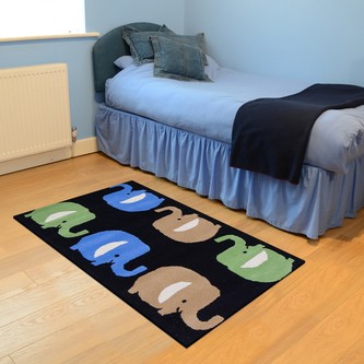 100% Wool Black Kids Rug Elephants LKI024 Handmade in India with a 15mm pile