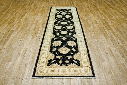 100% Wool Black Afghan Veg Dye Rug AVE044073 241 x 76 Handknotted in Afghanistan with a 6mm pile