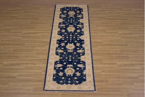 100% Wool Blue Afghan Veg Dye Rug AVE047C88 2.94 x .81 Handknotted in Afghanistan with a 6mm pile