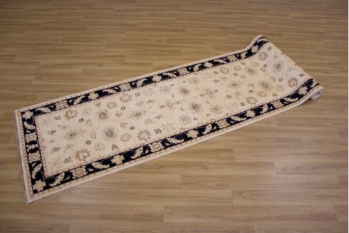 100% Wool Cream Afghan Veg Dye Rug AVE048029 3.59 x .79 Handknotted in Afghanistan with a 6mm pile