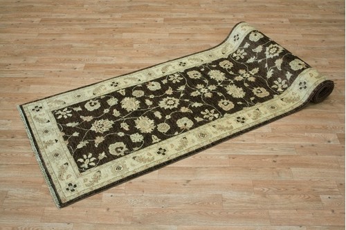 100% Wool Brown Afghan Veg Dye Rug AVE048053 3.55 x .83 Handknotted in Afghanistan with a 6mm pile