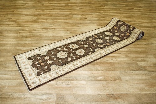 100% Wool Brown Afghan Veg Dye Rug AVE048053 352 x 79 Handknotted in Afghanistan with a 6mm pile
