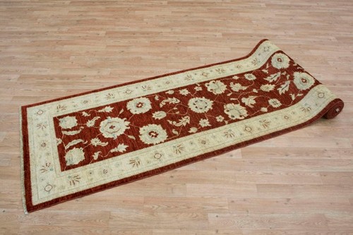 100% Wool Red Afghan Veg Dye Rug AVE048070 358 x 80 Handknotted in Afghanistan with a 5mm pile