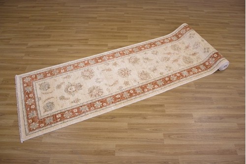 100% Wool Cream Afghan Veg Dye Rug AVE048082 3.64 x .80 Handknotted in Afghanistan with a 6mm pile