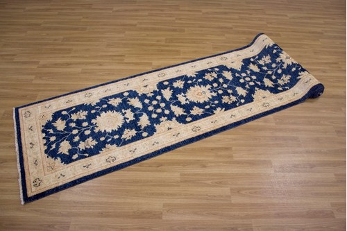 100% Wool Blue Afghan Veg Dye Rug AVE048088 3.61 x .80 Handknotted in Afghanistan with a 6mm pile