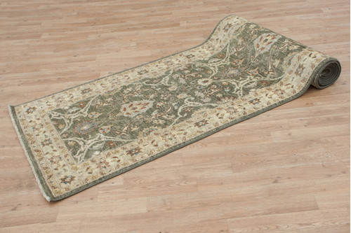 100% Wool Green Afghan Veg Dye Rug AVE048091 376x81 Handknotted in Afghanistan with a 5mm pile