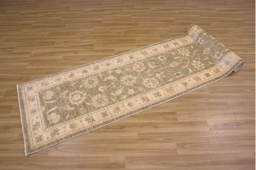 100% Wool Green Afghan Veg Dye Rug AVE048097 3.65 x .80 Handknotted in Afghanistan with a 6mm pile