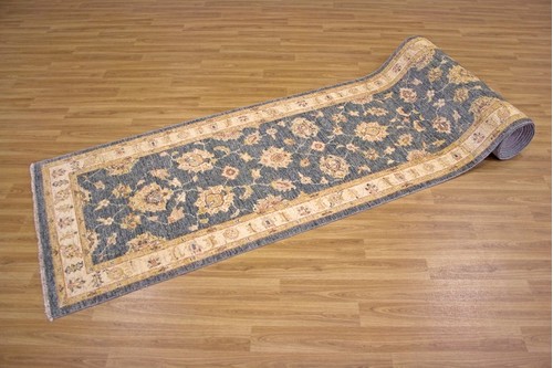 100% Wool Blue Afghan Veg Dye Rug AVE053C88 7.54 x .89 Handknotted in Afghanistan with a 6mm pile
