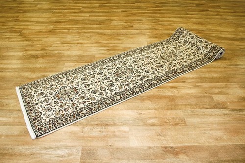 100% Wool Cream Persian Kashan Rug KES048044 258 x 72 Handknotted in Iran with a 15mm pile