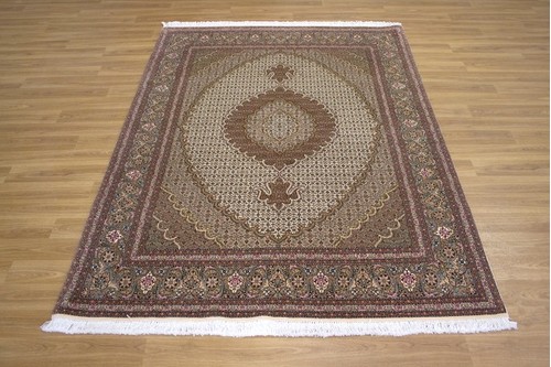 100% Wool Cream Persian Mahi Tabriz Rug PMT019F90 1.96 x 1.48 Handknotted in Iran with a 12mm pile