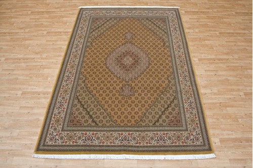 100% Wool Gold Persian Mahi Tabriz Rug PMT023102 3.00 x 2.00 Handknotted in Iran with a 12mm pile