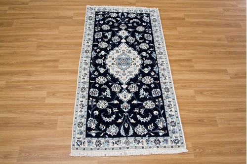 100% Wool Blue Persian Nain Rug PNA011046 1.43 x .67 Handknotted in Iran with a 12mm pile