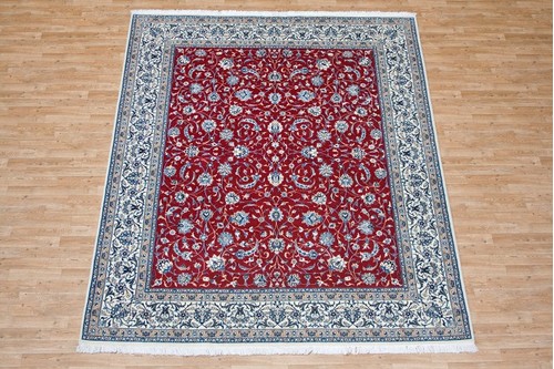 100% Wool Red Persian Nain Rug PNA025F52 3.02 x 2.49 Handknotted in Iran with a 12mm pile