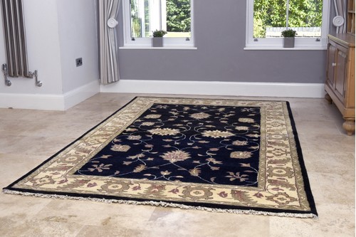 100% Wool Black Indian Ziegler Rug Design Handmade in India with a 18mm pile