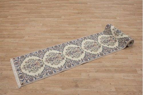 100% Wool Cream coloured Persian Nain Rug PNA046F44 292x50 Handknotted in Iran with a 20mm pile