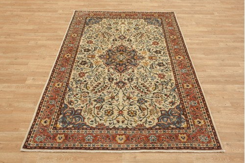 100% Wool Cream coloured Persian Sarouk Rug PSA019C82 203x130 Handknotted in Iran with a 14mm pile