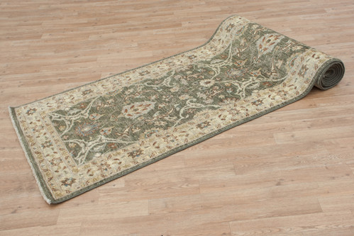 100% Wool Green Afghan Veg Dye Rug AVE048091 376x81 Handknotted in Afghanistan with a 5mm pile