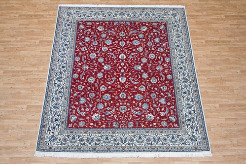 100% Wool Red Persian Nain Rug PNA025F52 3.02 x 2.49 Handknotted in Iran with a 12mm pile