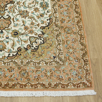 100% Silk Cream Persian Silk Qum Rug PSQ008000 116 x 77 Handknotted in Iran with a 5mm pile Image 2