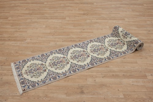 100% Wool Cream coloured Persian Nain Rug PNA046F44 292x50 Handknotted in Iran with a 20mm pile