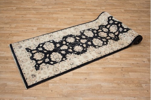 100% Wool Black Afghan Veg Dye Rug AVE047073 2.74 x .81 Handknotted in Afghanistan with a 6mm pile