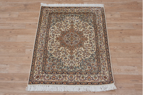 100% Silk Cream Kashmiri Silk Rug KSK006075 95x64 Handknotted in India with a 5mm pile