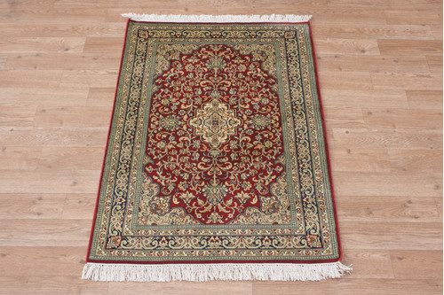 100% Silk Red Kashmiri Silk Rug KSK006080 95x65 Handknotted in India with a 5mm pile