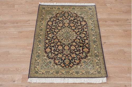 100% Silk Blue Kashmiri Silk Rug KSK006088 93x62 Handknotted in India with a 5mm pile