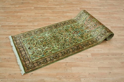 100% Silk Green Kashmiri Silk Rug KSK047093 299 x 79 Handknotted in Kashmir with a 5mm pile