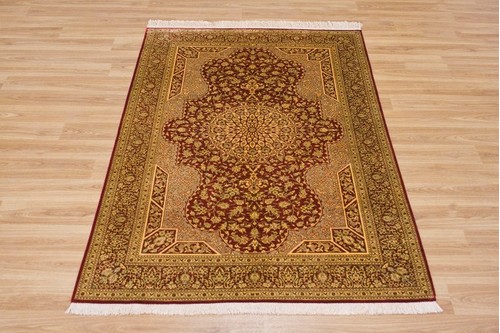100% Silk Red Persian Silk Qum Rug PSQ013000 1.47 x .96 Handknotted in Iran with a 5mm pile