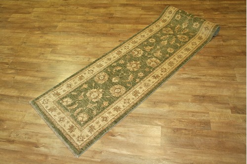 100% Wool Green Afghan Veg Dye Rug AVE048091 3.55 x .78 Handknotted in Afghanistan with a 6mm pile