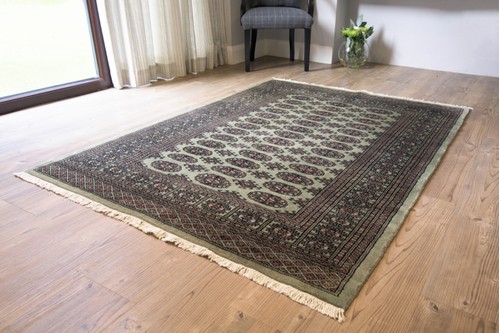 100% Wool Green Fine Pakistan Bokhara Rug Design Handknotted in Pakistan with a 10mm pile