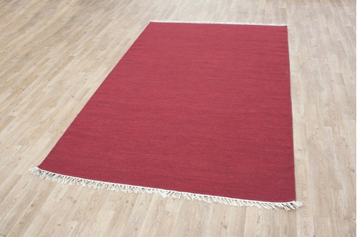 Wool woven onto Cotton Red Indian Dhurrie Rug Handmade in India with a 5mm pile