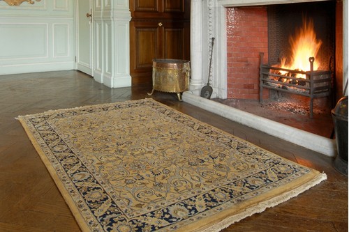 100% Wool Gold Very Fine Indo Persian Rug Design Handknotted in India with a 12mm pile