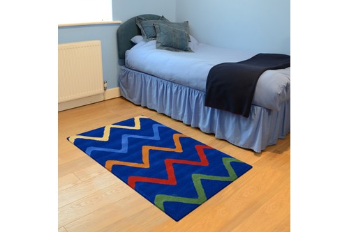 100% Wool Blue Kids Rug Blue Zigs LKI003 Handmade in India with a 15mm pile