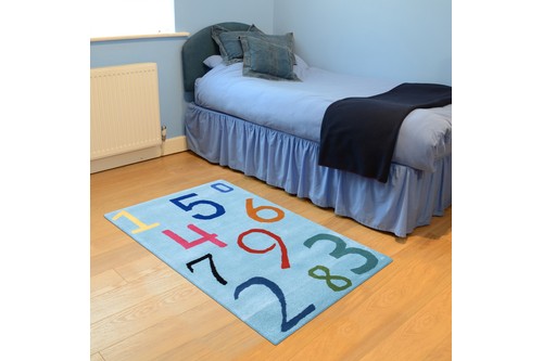 100% Wool Blue Kids Rug L.Blue Numbers LKI004 Handmade in India with a 15mm pile