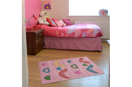 100% Wool Rose Kids Rug L.Pink Bird Hearts LKI005 Handmade in India with a 15mm pile