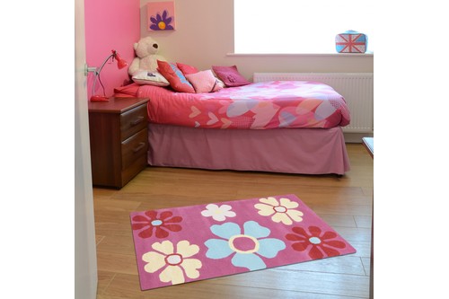 100% Wool Rose Kids Rug Pink Flowers LKI006 Handmade in India with a 15mm pile