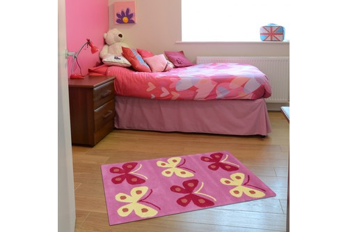 100% Wool Rose Kids Rug Pink Butterflys Row LKI008 Handmade in India with a 15mm pile