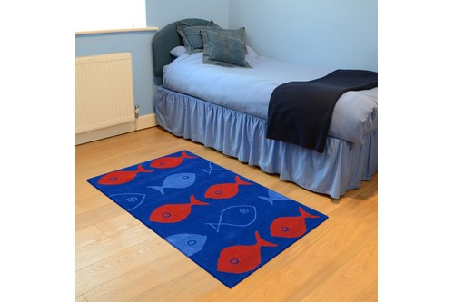 100% Wool Blue Kids Rug Blue Fish LKI009 Handmade in India with a 15mm pile