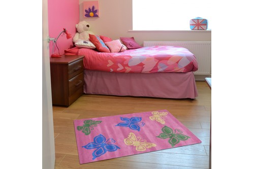 100% Wool Rose Kids Rug Pink Butterflys LKI010 Handmade in India with a 15mm pile