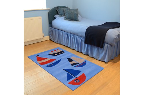 100% Wool Blue Kids Rug L.Blue Boats LKI013 Handmade in India with a 15mm pile