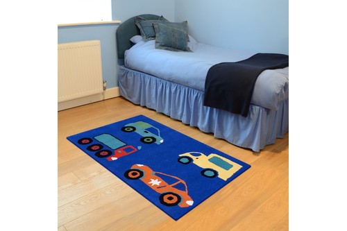 100% Wool Blue Kids Rug Blue Vehicles LKI023 Handmade in India with a 15mm pile