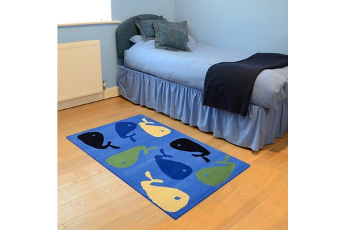 100% Wool Blue Kids Rug Blue Fish LKI025 Handmade in India with a 15mm pile
